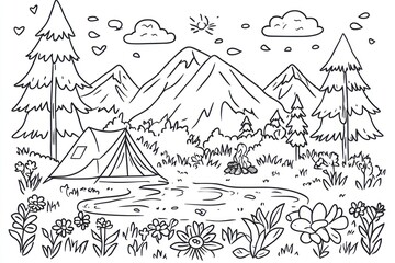 A camping scene featuring a tent, campfire, mountains, and a lake, ready for coloring