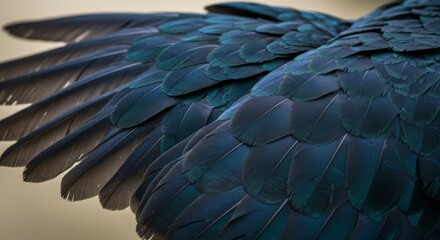 Obraz premium Majestic Bird Wings - Close-up of dark teal bird wings, showcasing intricate feather detail and texture. Perfect for nature, wildlife, or abstract designs