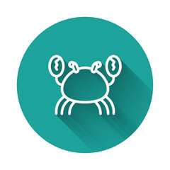 White line Crab icon isolated with long shadow background. Green circle button. Vector