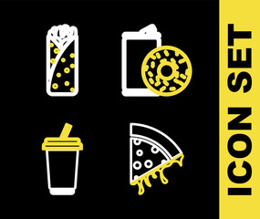 Set line Aluminum can soda and donut, Slice of pizza, Glass with water and Burrito icon. Vector