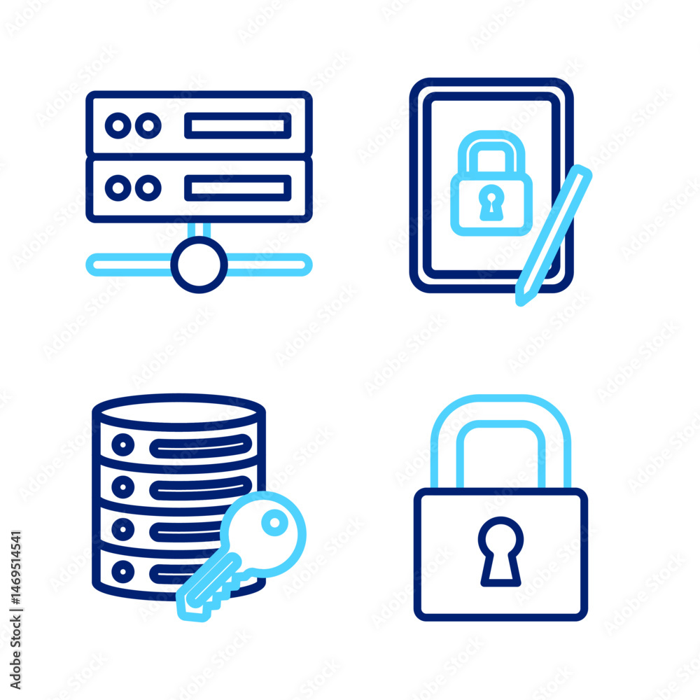 Poster set line lock, server security with key, tablet closed padlock and server, data, web hosting icon. v