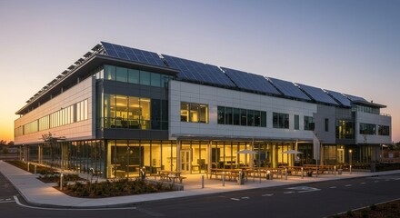 Obraz premium Modern Sustainable Office Building at Dusk - A contemporary office building with solar panels on the roof, illuminated at dusk. Outdoor seating area provides a relaxing atmosphere