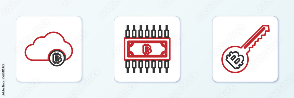 Poster set line cryptocurrency key, cloud mining and bitcoin with circuit icon. vector