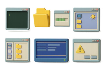 Retro software interface icons set – terminal, folder, window, slider, alert, sun, directory. 3D icon set