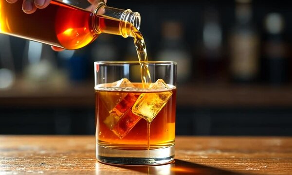 Pouring Whiskey into a Rocks Glass with Ice Cubes