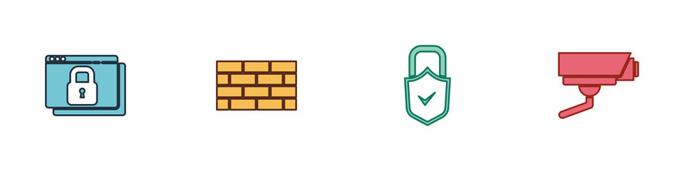 Set Secure your site with HTTPS, SSL, Firewall, security wall, Lock and check mark and Security camera icon. Vector
