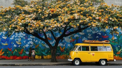 Obraz premium Vibrant yellow van beneath a blossoming tree, against a colorful mural