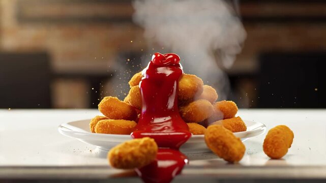 delicious breaded chicken nuggets on a plate on the table, ketchup, slow motion
