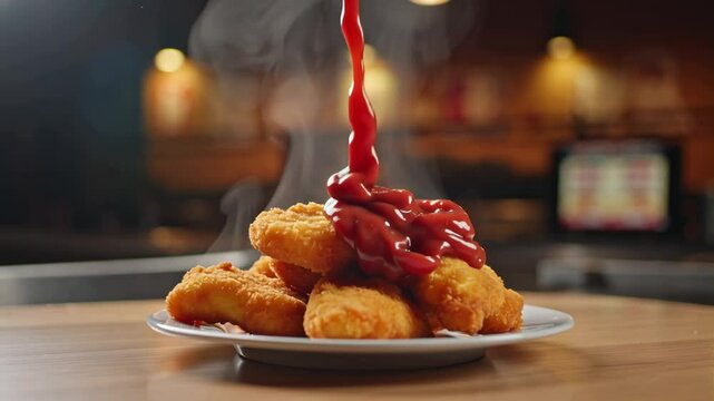 delicious breaded chicken nuggets on a plate on the table, ketchup, slow motion
