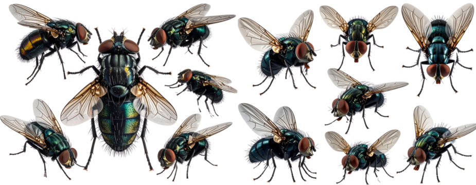 Detailed Photorealistic Flies in Various Positions, isolated on transparent background PNG