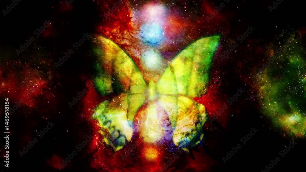 Poster butterfly with light energetic chakras in cosmic space. painting and graphic design. loop animation.