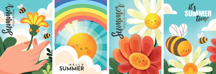 Bright summer children's illustrations with a green meadow, flowers, sun, rainbow and cute bees. Colorful cartoon posters for design and decoration.