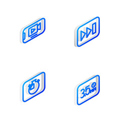 Set Isometric line Fast forward, Online play video, Stopwatch and Audio jack icon. Vector