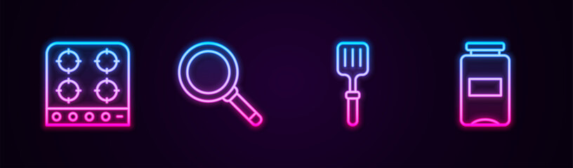 Set line Gas stove, Frying pan, Barbecue spatula and Jam jar. Glowing neon icon. Vector