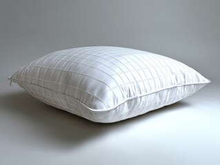 Square, white pillow with a grid pattern.  It's a simple, modern design
