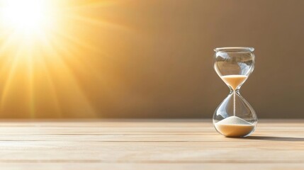 A glass hourglass with sand inside, on a wooden table.