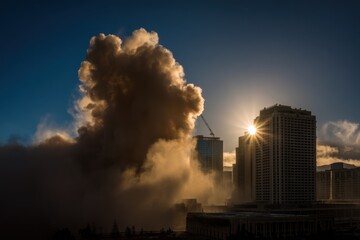 Obraz premium Dramatic Sunrise Behind Urban Skyline with Rising Dust Cloud
