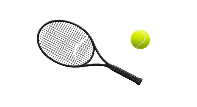 Tennis racket and ball are featured in a  setting,  rendered in a stylized manner against a black background. The image is well-lit with a focus on the sport equipment.