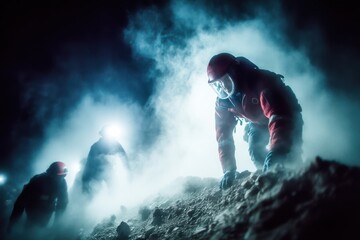 Explorers in Red Suits Navigating Foggy Terrain with Headlamps