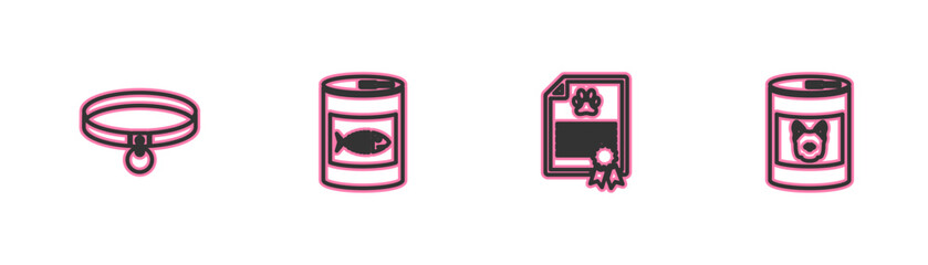Set line Collar, Certificate for dog or cat, Canned food and icon. Vector