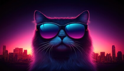 Cool cat with sunglasses, urban sunset backdrop