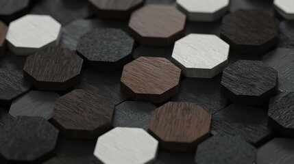 Fototapeta premium A 3D rendering of a grid of hexagonal objects with varying colors and textures.