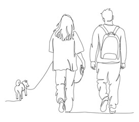 Couple with dog walking away. Man with backpack. Back view.  Black and white vector illustration in line art style.