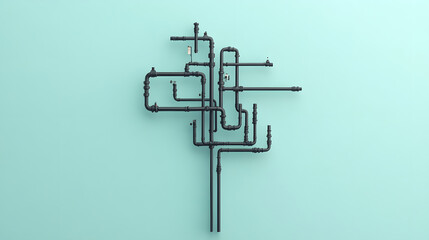 Complex network of black industrial water pipes mounted on light blue wall, showing various joints, valves, and connectors in organized pattern