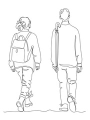Couple walking away. Woman with backpack man holding umbrella. Back view. Continuous line drawing. Black and white vector in line art style.