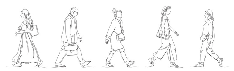 People walking set. Side view. Continuous line drawing elements. Black and white vector illustration in line art style.