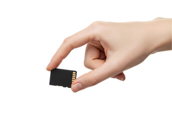 Hand Holding Small Micro SD Card isolated on white background