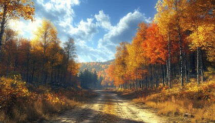 Fototapeta premium Autumn forest road. Sunlight streams through colorful trees