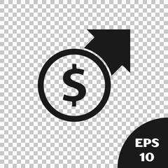 Black Financial growth and dollar coin icon isolated on transparent background. Increasing revenue. Vector