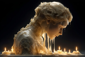 A woman made of candle wax melting under the pressure of time