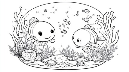 Fototapeta premium Two cartoon fish swimming, ocean background, coloring page