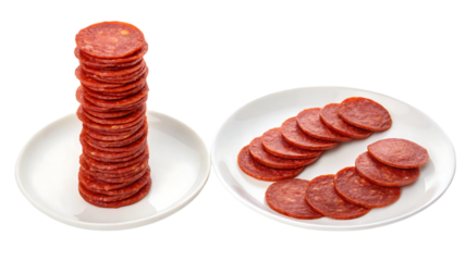 Pepperoni slices stacked on plate, food photography on transparent PNG background