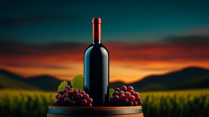 Elegant Red Wine Bottle With Grapes on Wooden Barrel Against Sunset Backdrop in Vineyard Landscape
