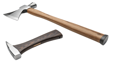 Axe and splitting wedge: woodworking tools for forestry and firewood on transparent PNG background