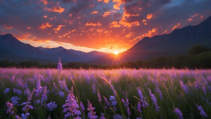 Fototapeta premium Lavender Field at Sunset with Mountain Backdrop and Dramatic Sky