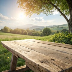 Obraz premium Rustic Wooden Table in Sunny Landscape, Summer Picnic, Nature, Wood Texture, Outdoor Scene, Countryside View, Picnic Table