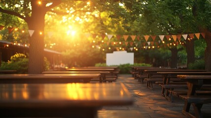 Outdoor dining area at sunset, tables and benches under trees