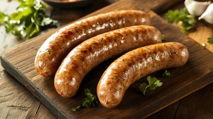 Delicious grilled sausages on a wooden board
