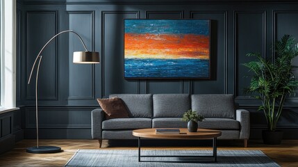 Modern living room featuring a vibrant abstract painting.