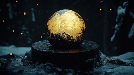 Golden sphere on a black pedestal in a snowy forest.