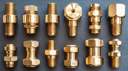 Assortment of brass fittings.  Various sizes and types of brass plumbing and industrial components arranged on a dark slate background.  Each fitting has unique threads, shapes, and dimensions
