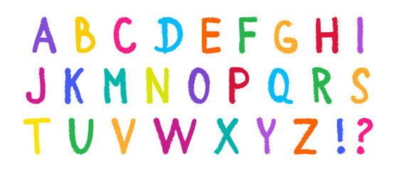 Alphabet font crayon, kid letter colorful chalk, child pencil typography, cute pastel type doodle, school scribble hand draw, cartoon abc sketch, fun English text sign set. Playful vector illustration