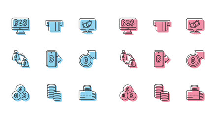 Set line Currency exchange, Coin money with dollar, Cryptocurrency, Credit card, Mining bitcoin from mobile, Financial growth and, and inserted icon. Vector