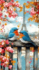Two birds perched on a fence, overlooking the Eiffel Tower and a blossoming spring scene