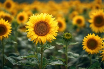 Fototapeta premium Bright Sunflower in the Middle of a Field of Yellow Blooms