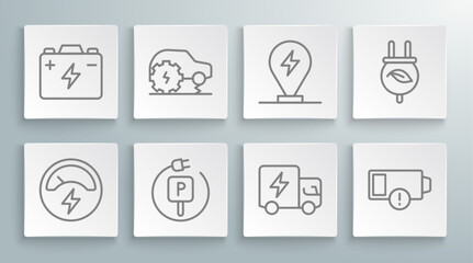 Set line Voltmeter, Electric car service, Charging parking electric, truck, Low battery, saving plug leaf and Car icon. Vector